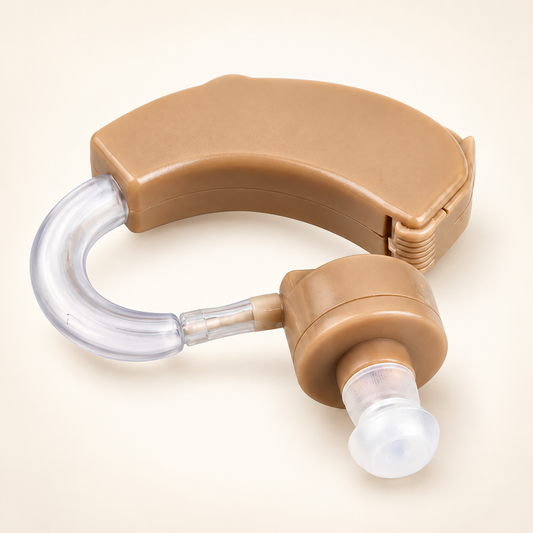 Auricular personal beige, vista de estudio del producto con tubo transparente y punta de silicona